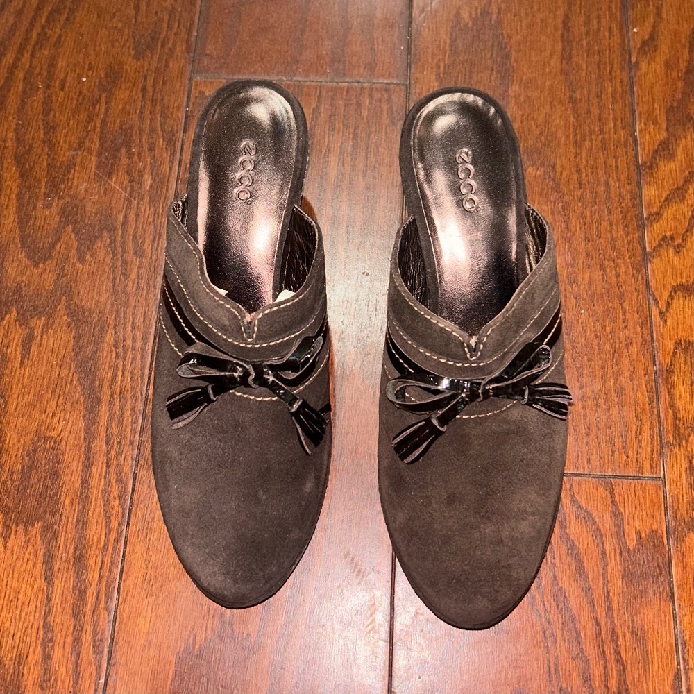 Ecco Clogs brown suede slip on 3” heels comfortable wedge heel